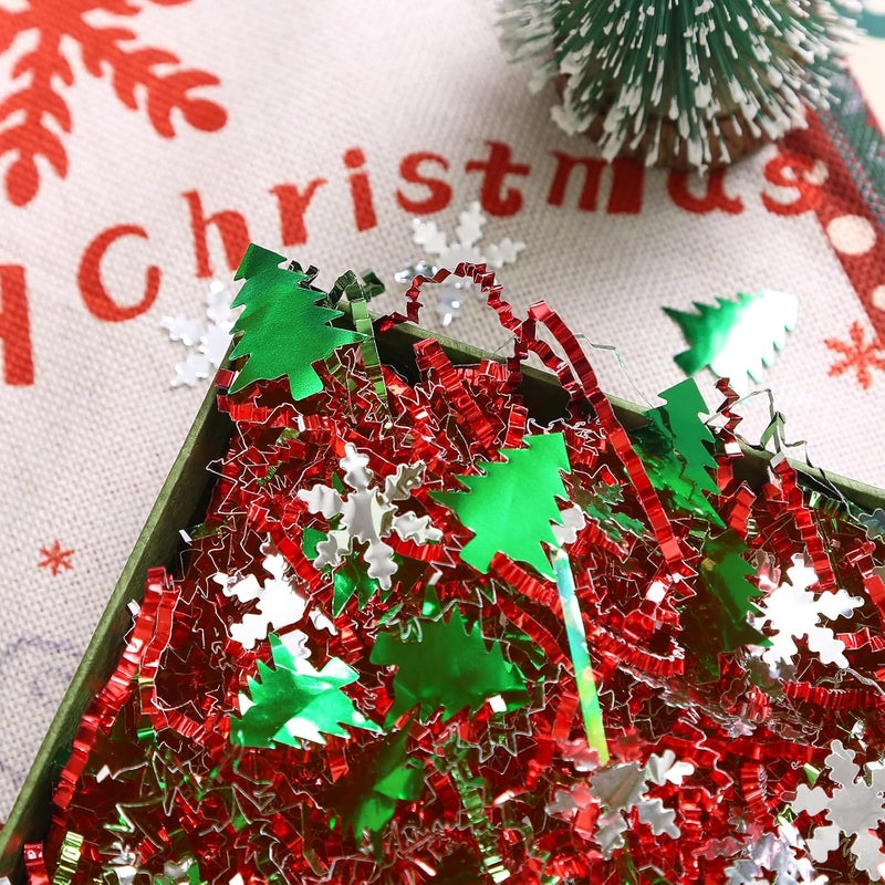 PAPER FAIR 1LB Metallic Red Green Christmas Crinkle Cut Paper Shred Filler w/Tree & Snowflake Confetti, Gift Wrap Packaging Raffia Tissue Strand, Craft Bedding Cushion, Winter Birthday Box Basket - Image 4